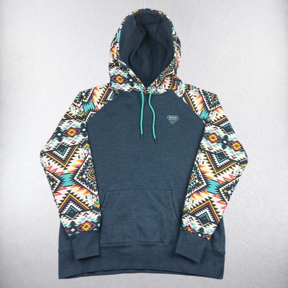 Hooey Hoodie Womens Large Blue Rope Like A Girl Aztec Print Long Sleeve Pullover